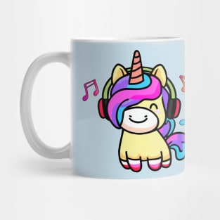 Happy smiling baby unicorn with headphones. Kawaii cartoon Mug